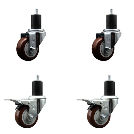 Service Caster 3'' Maroon Poly Swivel 1-3/4'' Expanding Stem Caster Set 2 Total Lock Brakes, 4PK SCC-EXTTL20S314-PPUB-MRN-2-S-2-134
